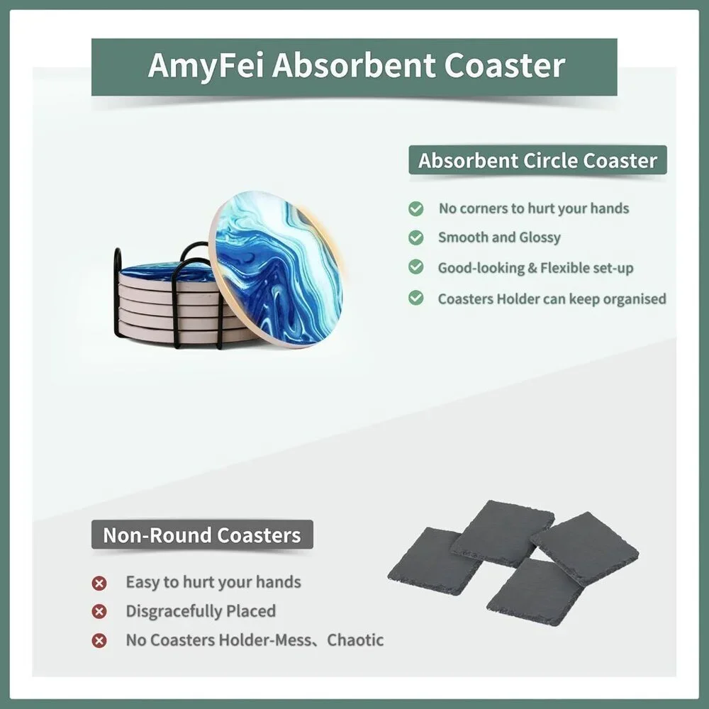 Ceramic Marble Coasters, 6 Sets of Round Tea Coasters with Holder on Dark Blue W